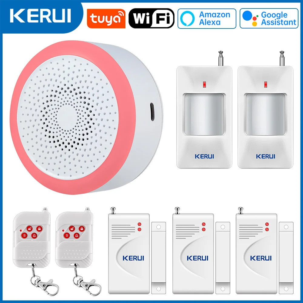 KERUI Tuya Smart Home Alarm Hub WiFi Wireless Siren Alarm Kit with Motion Detector Door Sensor Support Alexa for Home Security